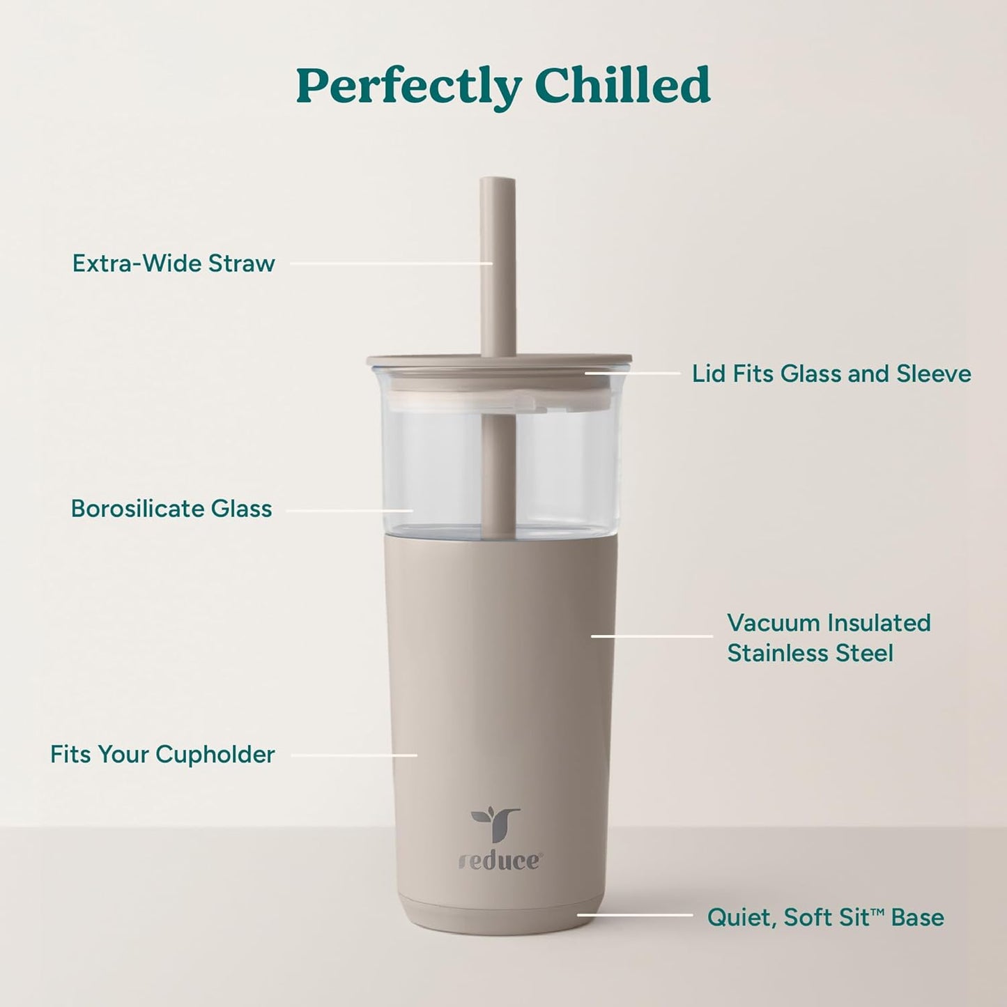 Aspen - 20oz Vacuum Insulated Glass Tumbler - Extra Wide Straw & Lid | Keeps drinks cold for 12 hours, ideal for iced coffee, smoothies & boba, dishwasher safe, soft base