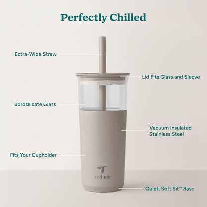 Aspen - 20oz Vacuum Insulated Glass Tumbler - Extra Wide Straw & Lid | Keeps drinks cold for 12 hours, ideal for iced coffee, smoothies & boba, dishwasher safe, soft base