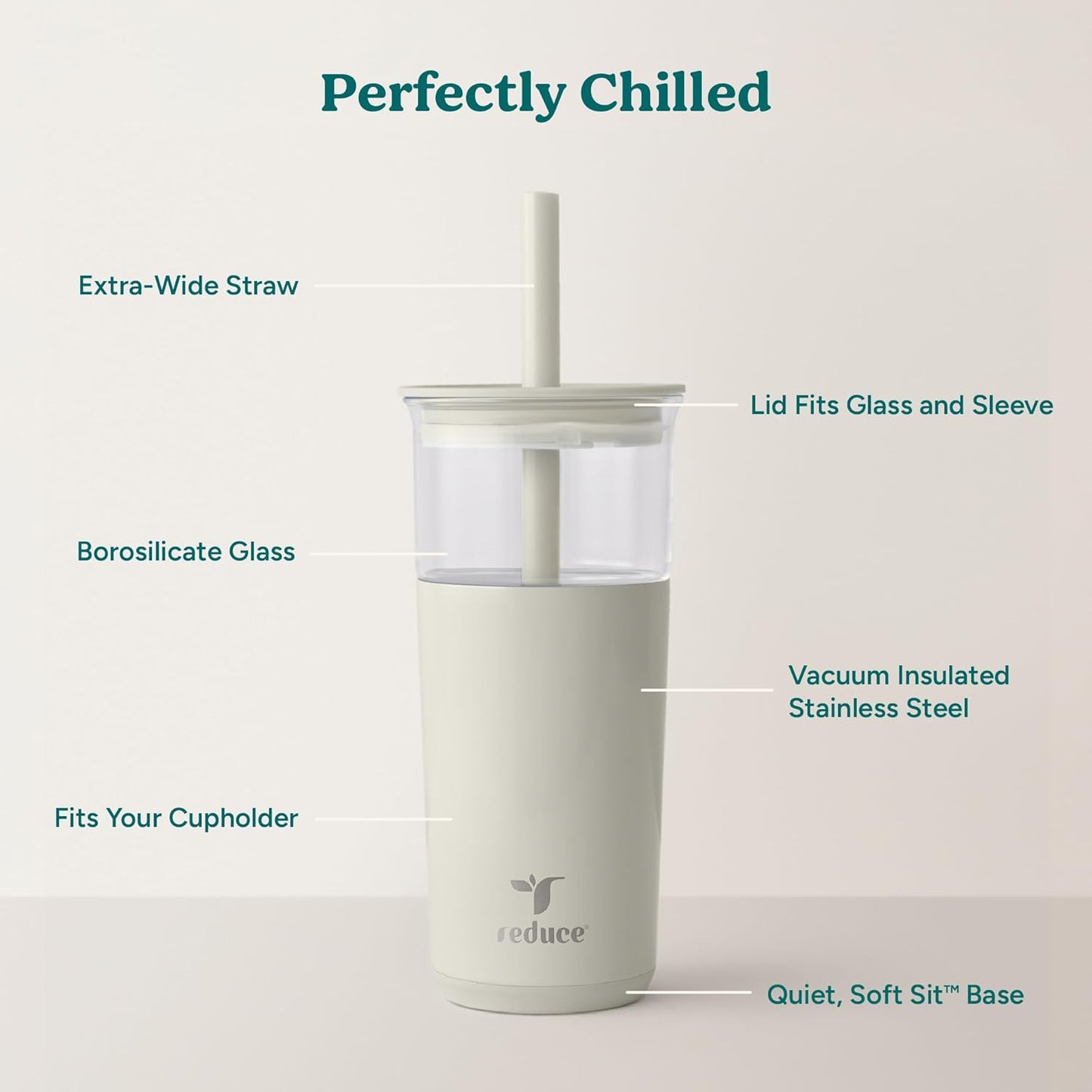 Aspen - 20oz Vacuum Insulated Glass Tumbler - Extra Wide Straw & Lid | Keeps drinks cold for 12 hours, ideal for iced coffee, smoothies & boba, dishwasher safe, soft base