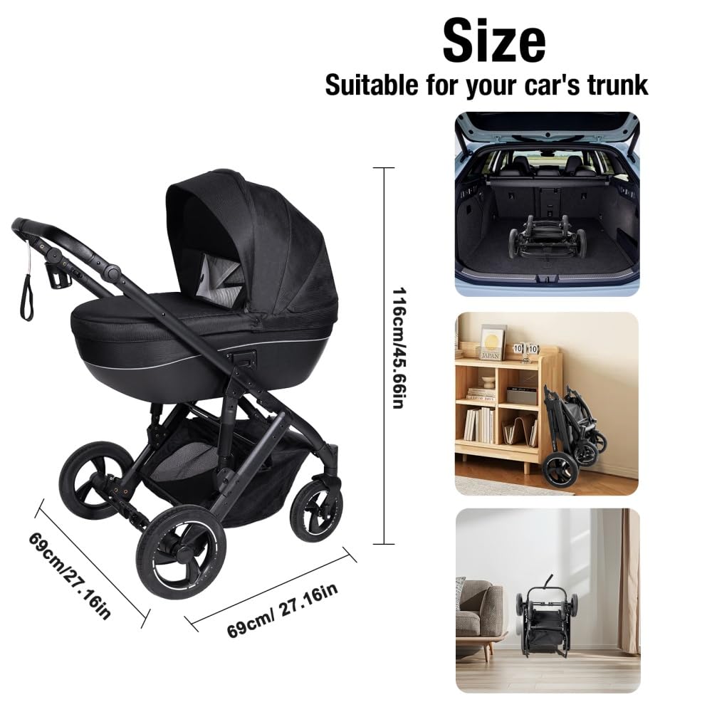 2 in 1 Baby Stroller with Bassinet, White, Aluminum Frame, Newborn to Toddler, 5-Point Harness, 33 lbs Max Weight, 26.5 lbs