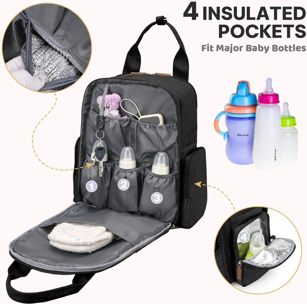 Diaper Bag Backpack with Portable Changing Pad, Black