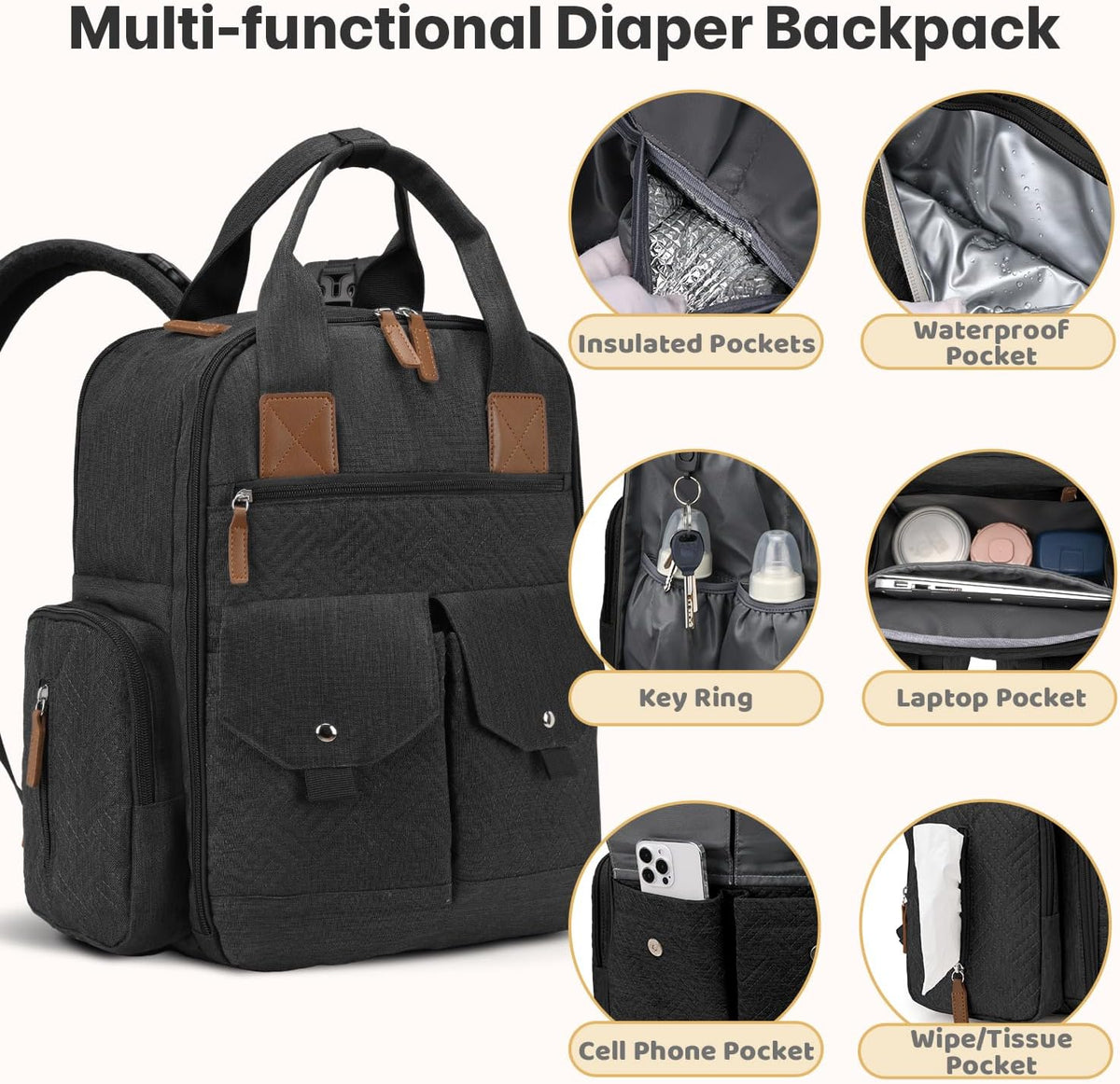 Diaper Bag Backpack with Portable Changing Pad, Black
