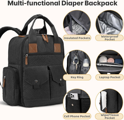 Diaper Bag Backpack with Portable Changing Pad, Black