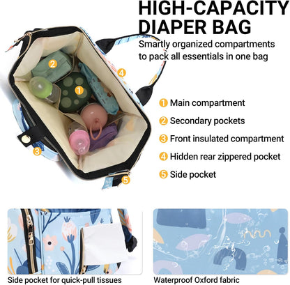 Diaper Bag Backpack for Moms Baby Essentials Travel Tote Nappy Changing Bag with Insulated Pockets,Multi-Waterproof Backpack (Blue)