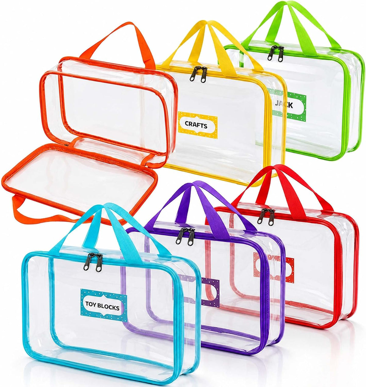 6 Pack Extra Large Toy Storage Bags with Labels, Clear Waterproof Organizer Bags with Double Zipper & Handles for Books, Puzzles, Games & Classroom Storage.