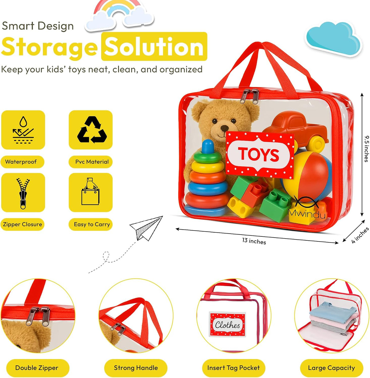 6 Pack Extra Large Toy Storage Bags with Labels, Clear Waterproof Organizer Bags with Double Zipper & Handles for Books, Puzzles, Games & Classroom Storage.