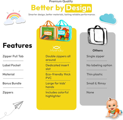 6 Pack Extra Large Toy Storage Bags with Labels, Clear Waterproof Organizer Bags with Double Zipper & Handles for Books, Puzzles, Games & Classroom Storage.