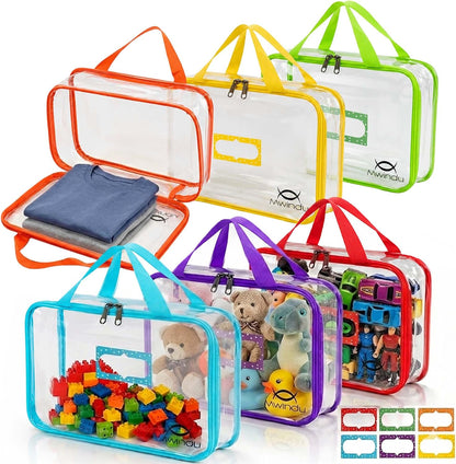 6 Pack Extra Large Toy Storage Bags with Labels, Clear Waterproof Organizer Bags with Double Zipper & Handles for Books, Puzzles, Games & Classroom Storage.
