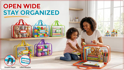 6 Pack Extra Large Toy Storage Bags with Labels, Clear Waterproof Organizer Bags with Double Zipper & Handles for Books, Puzzles, Games & Classroom Storage.