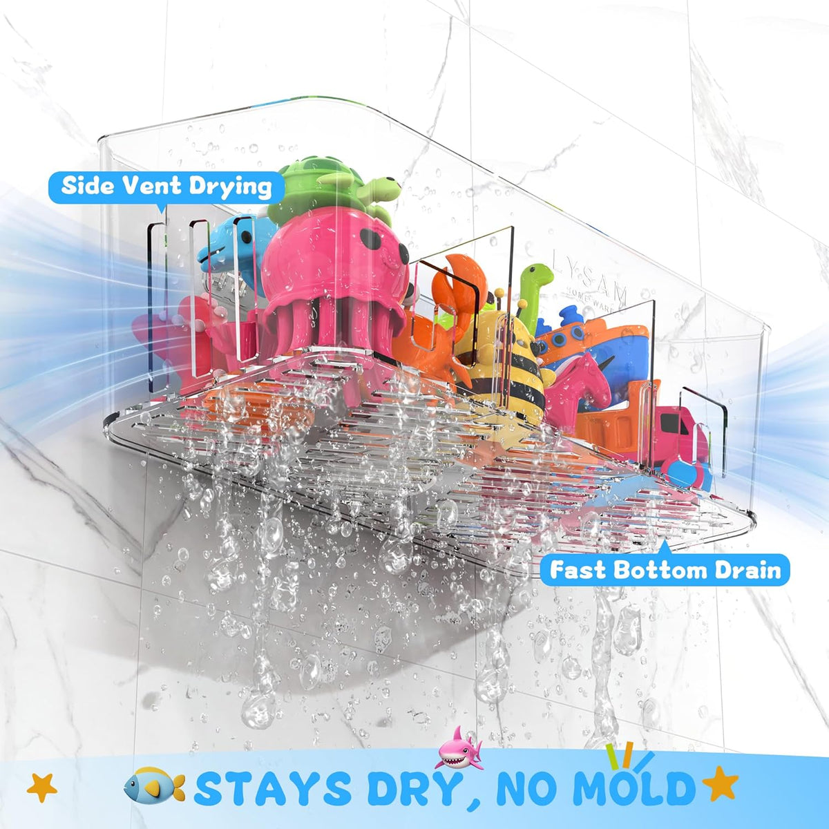 Bath Toy Storage, Large Bath Toy Holder - 3 Compartments, Quick-Dry