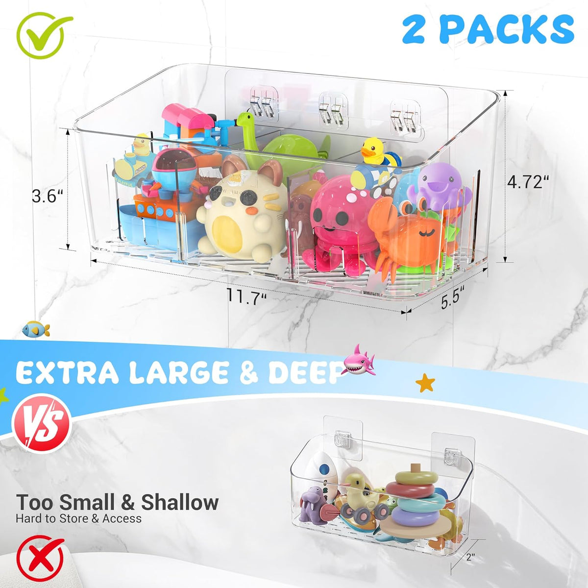 Bath Toy Storage, Large Bath Toy Holder - 3 Compartments, Quick-Dry