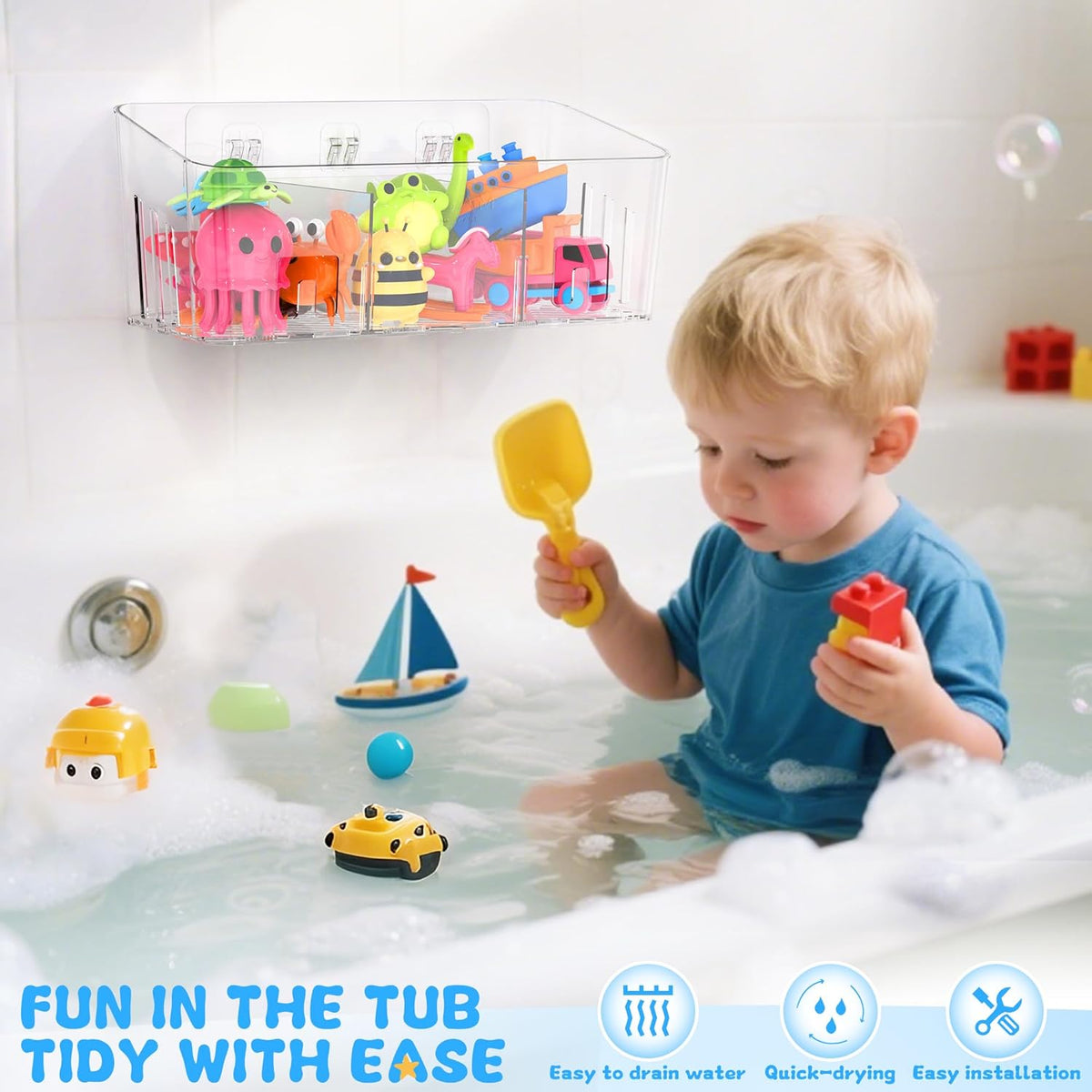 Bath Toy Storage, Large Bath Toy Holder - 3 Compartments, Quick-Dry