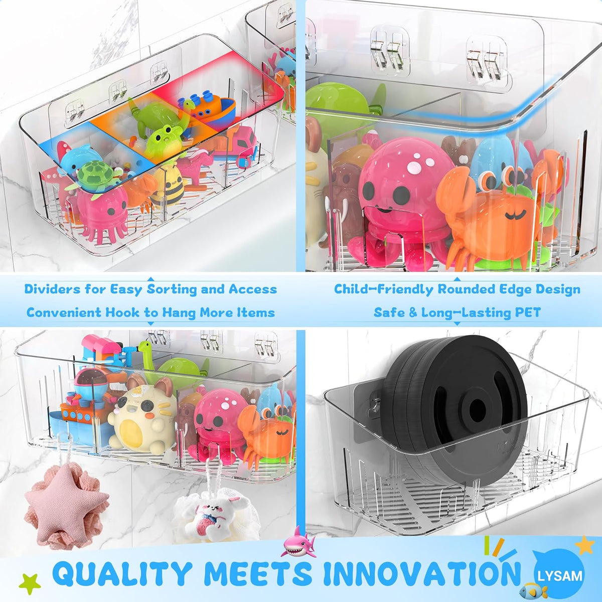 Bath Toy Storage, Large Bath Toy Holder - 3 Compartments, Quick-Dry