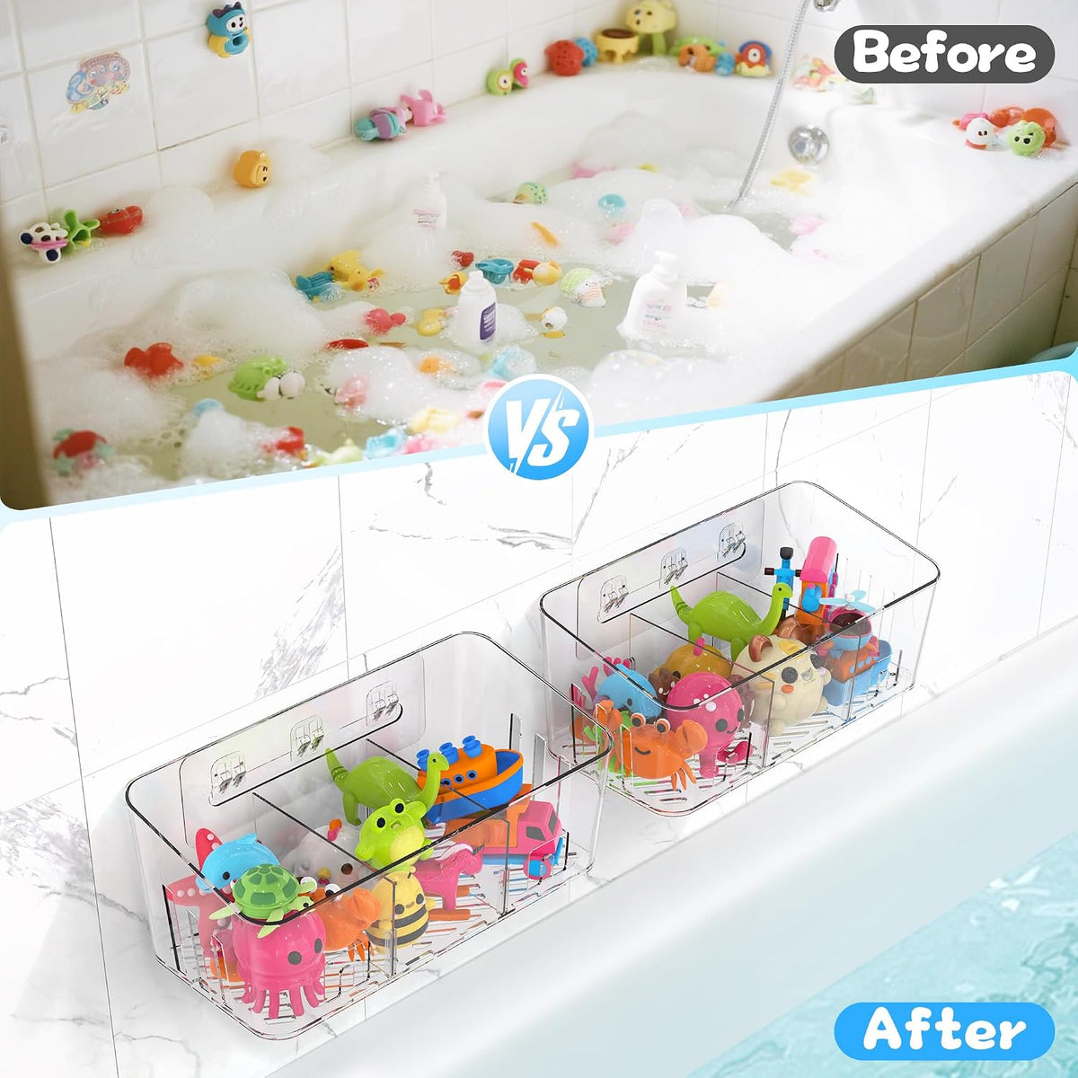 Bath Toy Storage, Large Bath Toy Holder - 3 Compartments, Quick-Dry