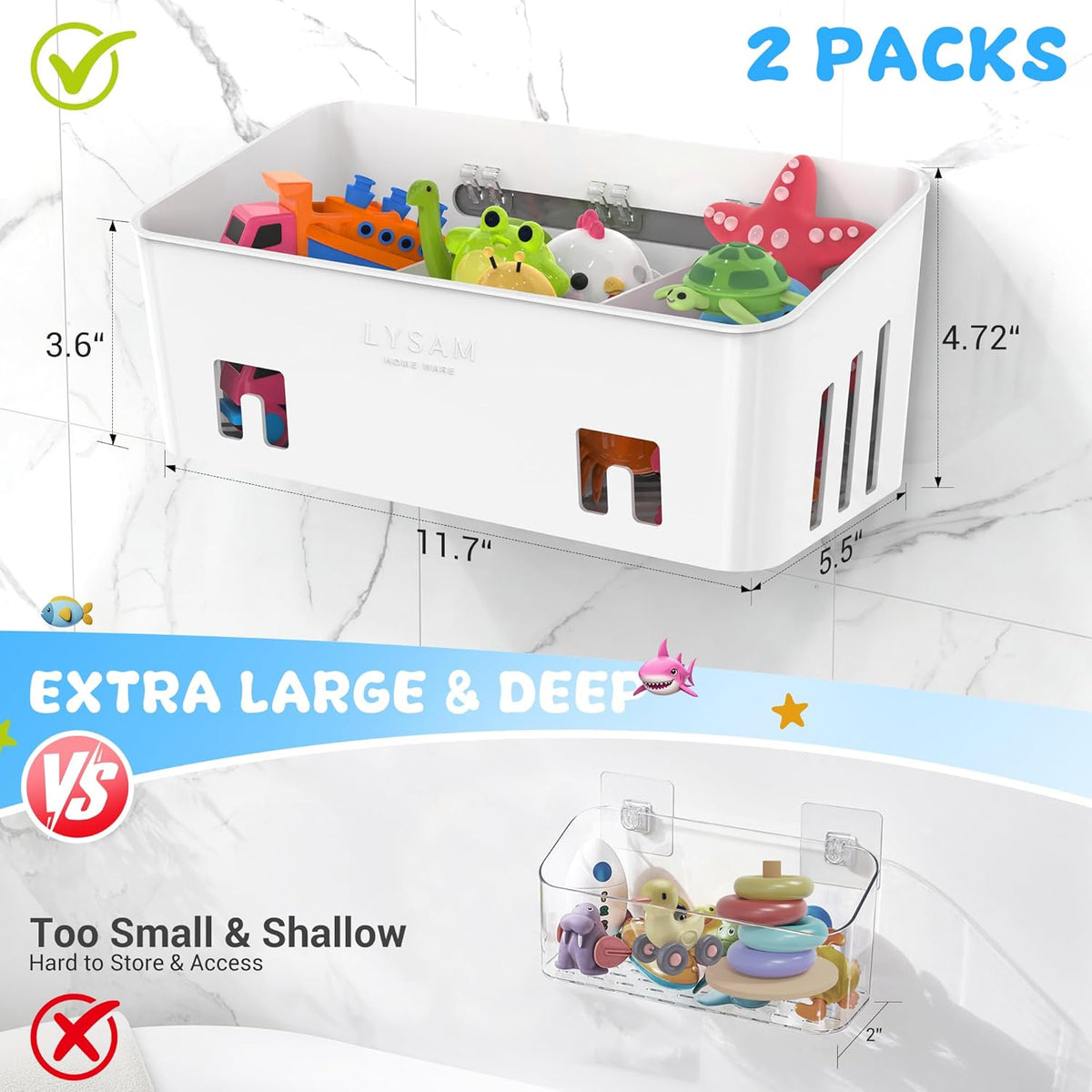 Bath Toy Storage, Large Bath Toy Holder - 3 Compartments, Quick-Dry