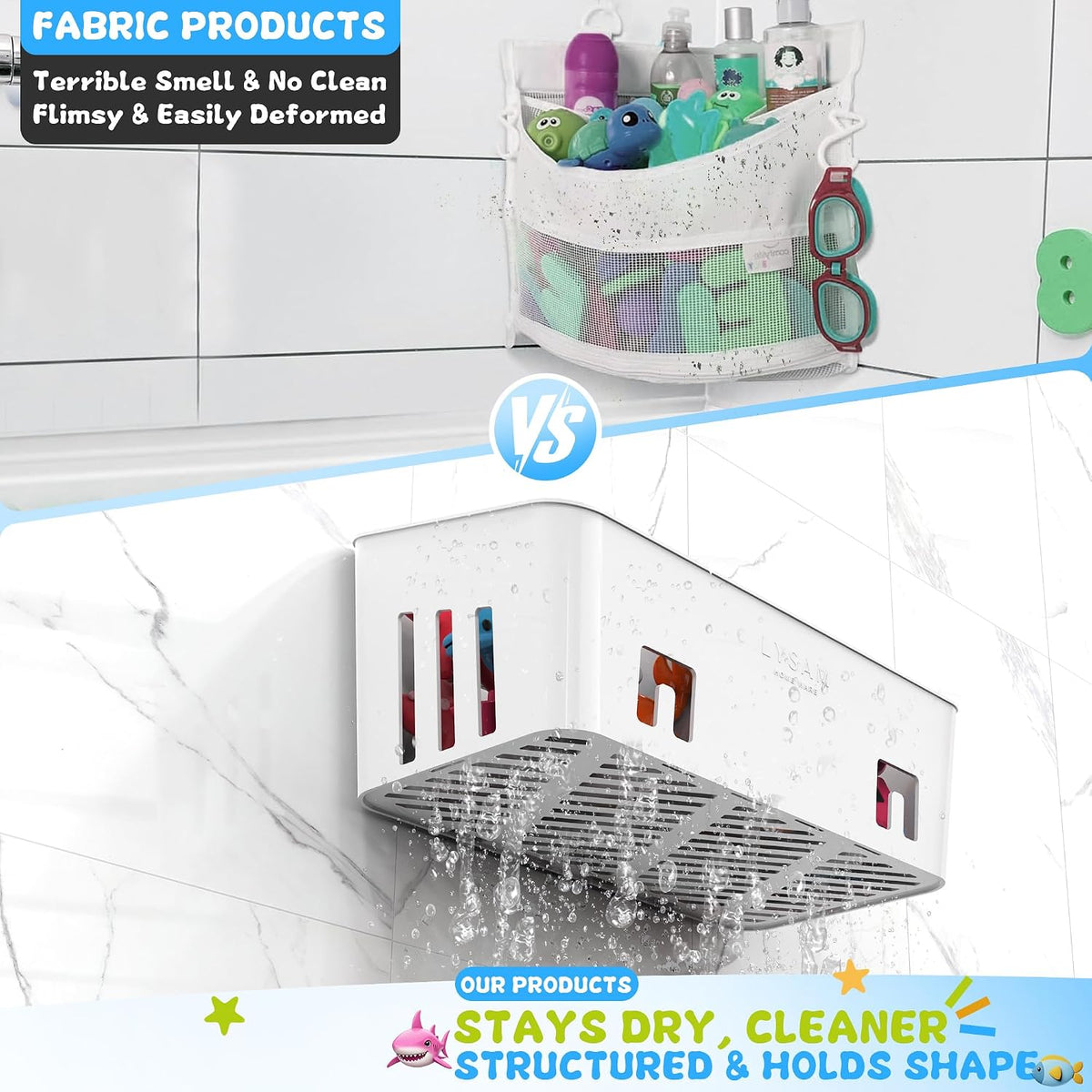 Bath Toy Storage, Large Bath Toy Holder - 3 Compartments, Quick-Dry