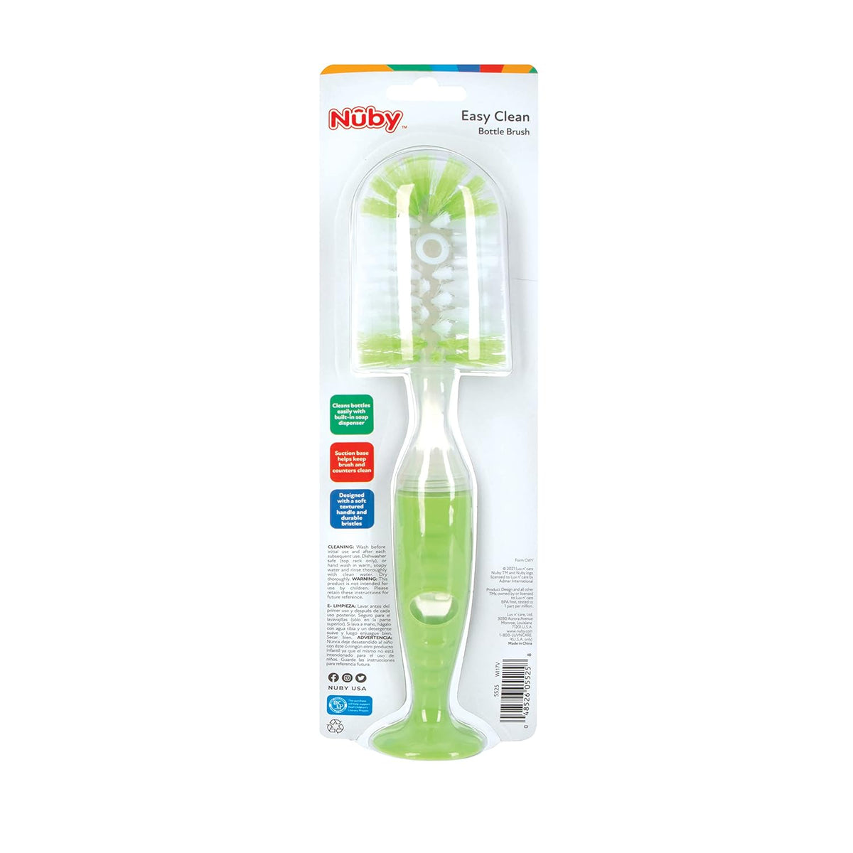 Nuby Easy Clean Dispensing Soft and Durable Bristle Bottle Brush - 2 inch