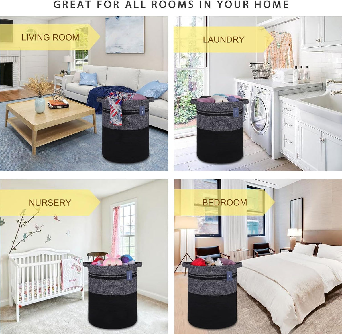 Tall Laundry Basket, Nursery Hamper, 72L, Navy Blue & White