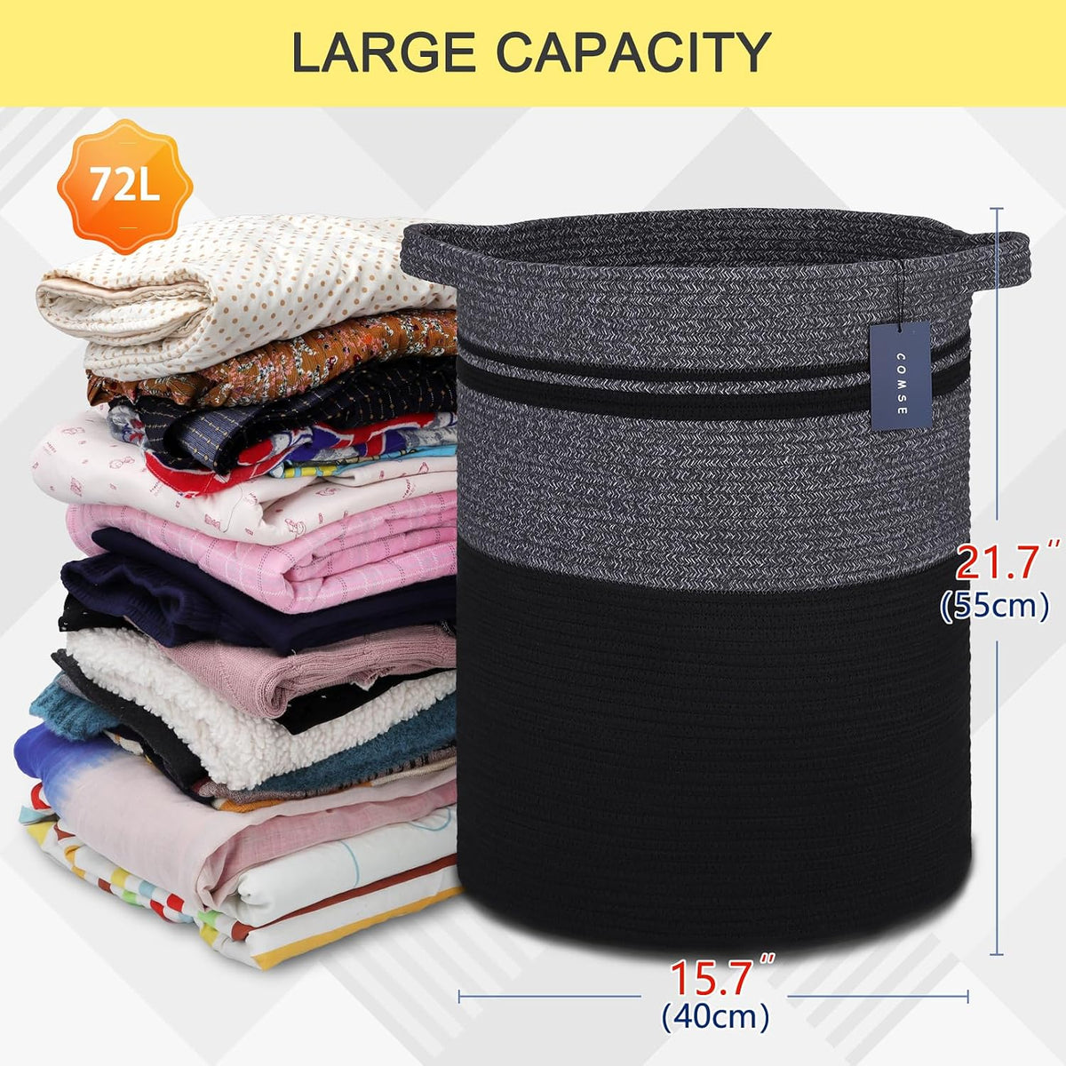 Tall Laundry Basket, Nursery Hamper, 72L, Navy Blue & White