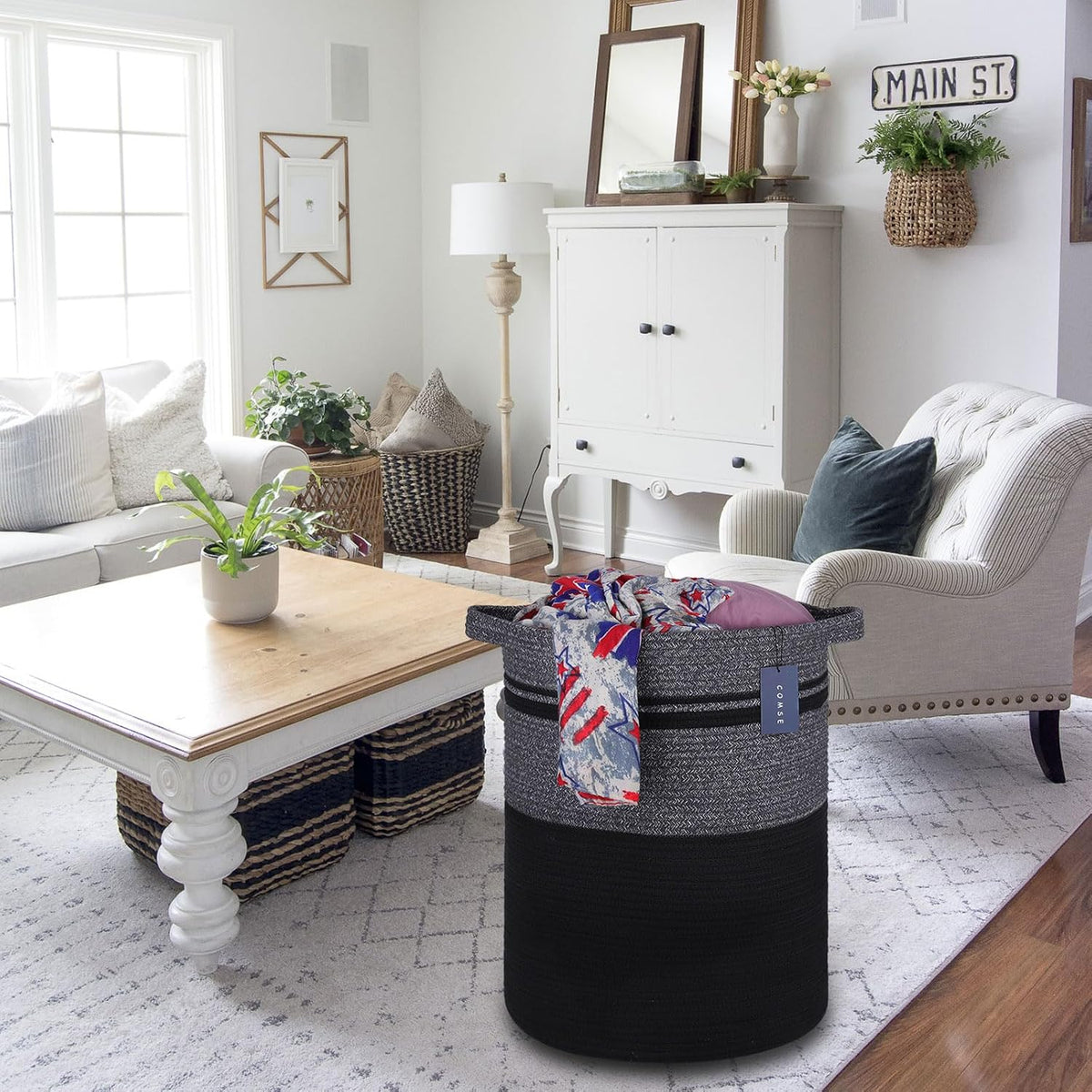 Tall Laundry Basket, Nursery Hamper, 72L, Navy Blue & White