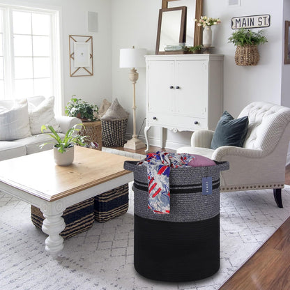 Tall Laundry Basket, Nursery Hamper, 72L, Navy Blue & White