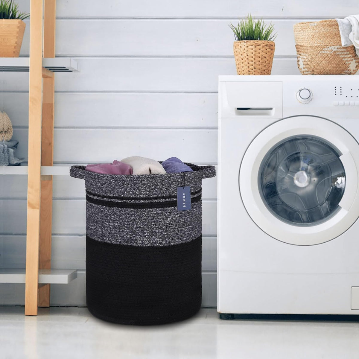 Tall Laundry Basket, Nursery Hamper, 72L, Navy Blue & White