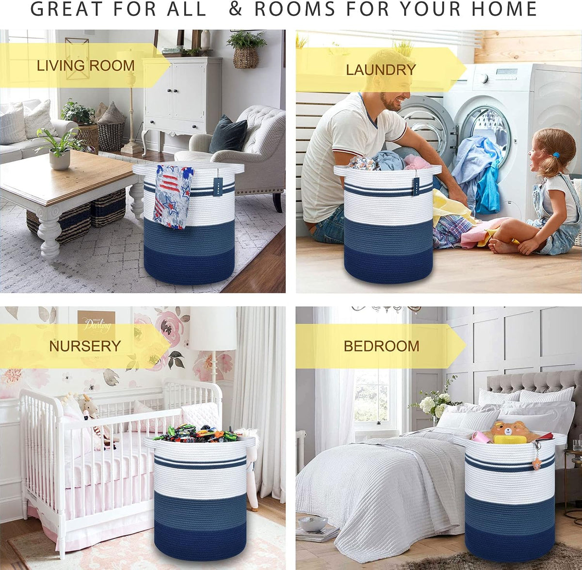 Tall Laundry Basket, Nursery Hamper, 72L, Navy Blue & White