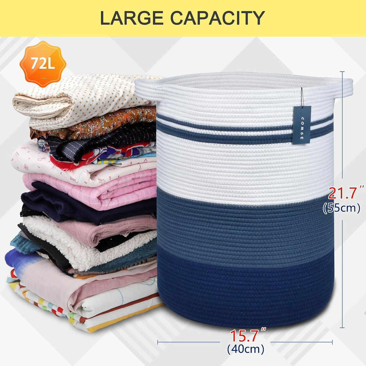 Tall Laundry Basket, Nursery Hamper, 72L, Navy Blue & White