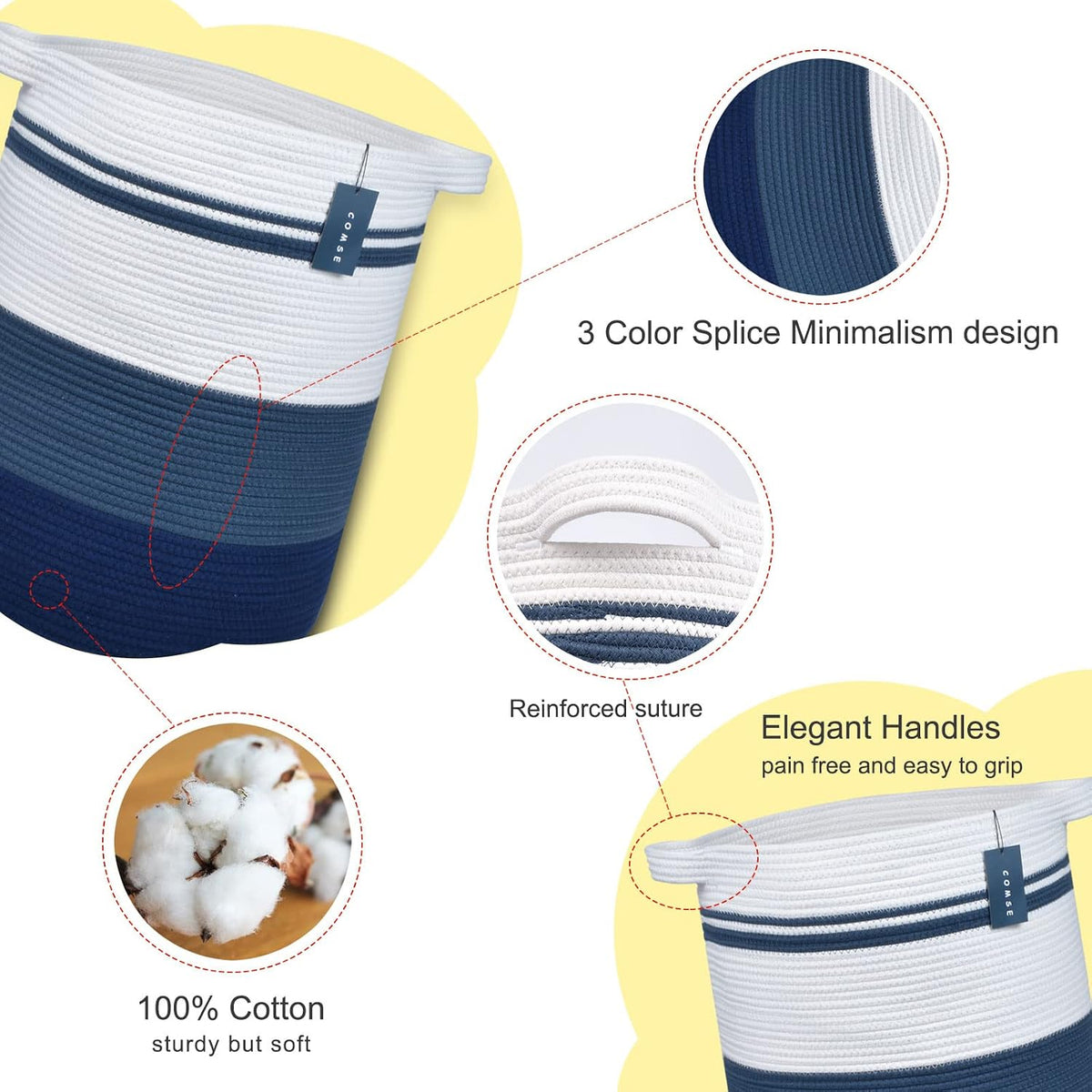 Tall Laundry Basket, Nursery Hamper, 72L, Navy Blue & White