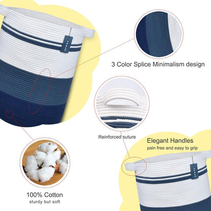 Tall Laundry Basket, Nursery Hamper, 72L, Navy Blue & White