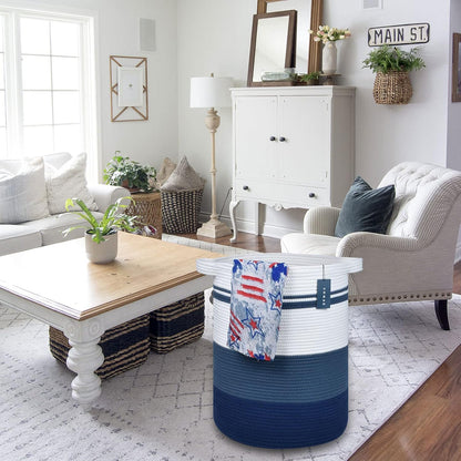 Tall Laundry Basket, Nursery Hamper, 72L, Navy Blue & White