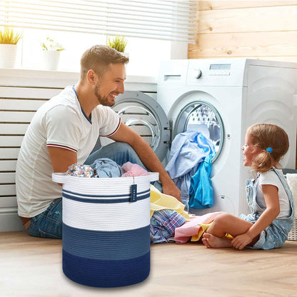 Tall Laundry Basket, Nursery Hamper, 72L, Navy Blue & White