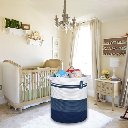 Tall Laundry Basket, Nursery Hamper, 72L, Navy Blue & White