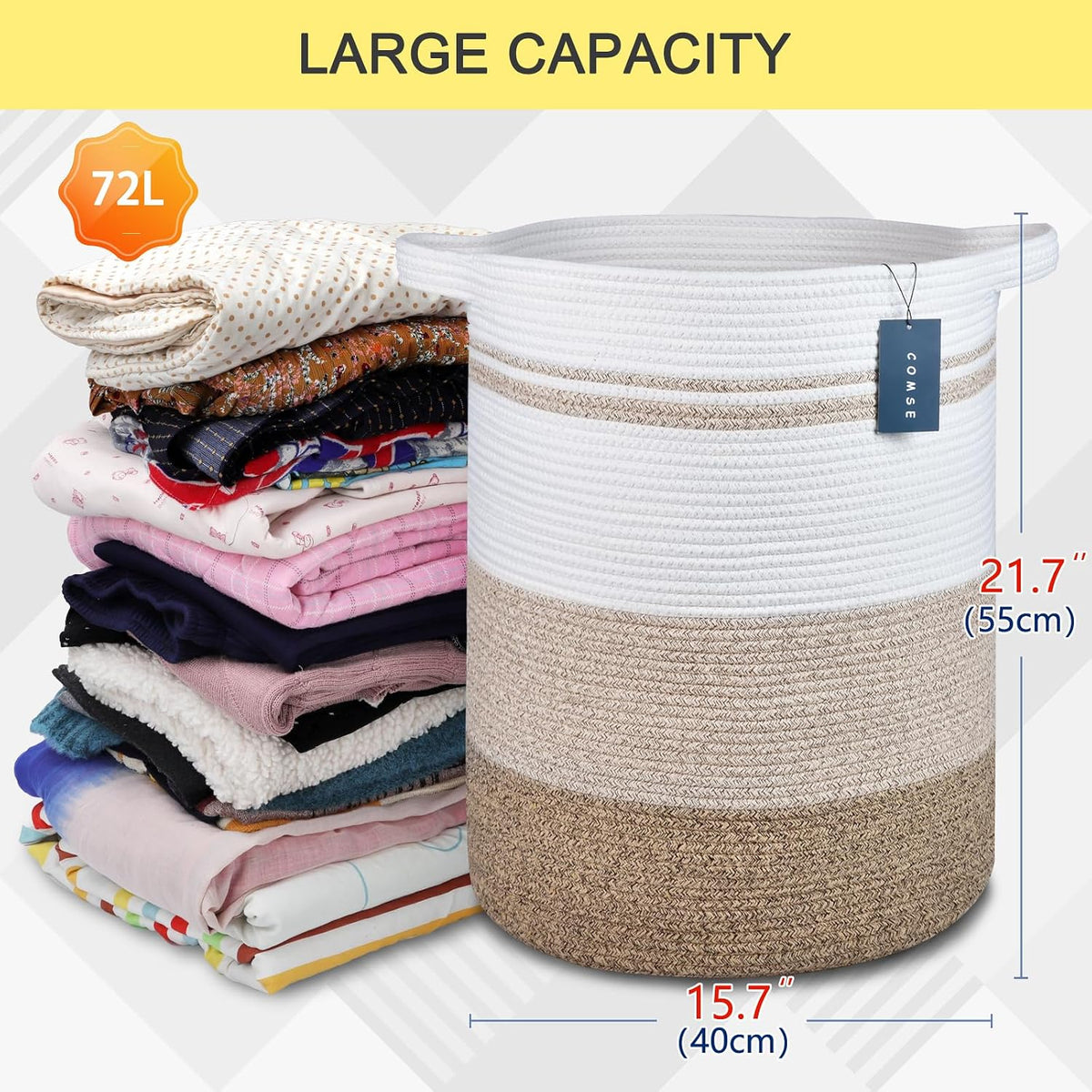 Tall Laundry Basket, Nursery Hamper, 72L, Navy Blue & White
