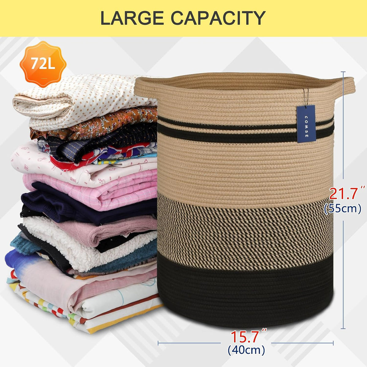 Tall Laundry Basket, Nursery Hamper, 72L, Navy Blue & White