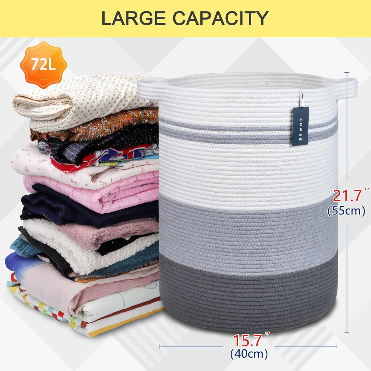 Tall Laundry Basket, Nursery Hamper, 72L, Navy Blue & White