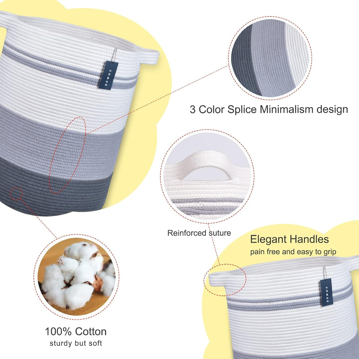 Tall Laundry Basket, Nursery Hamper, 72L, Navy Blue & White