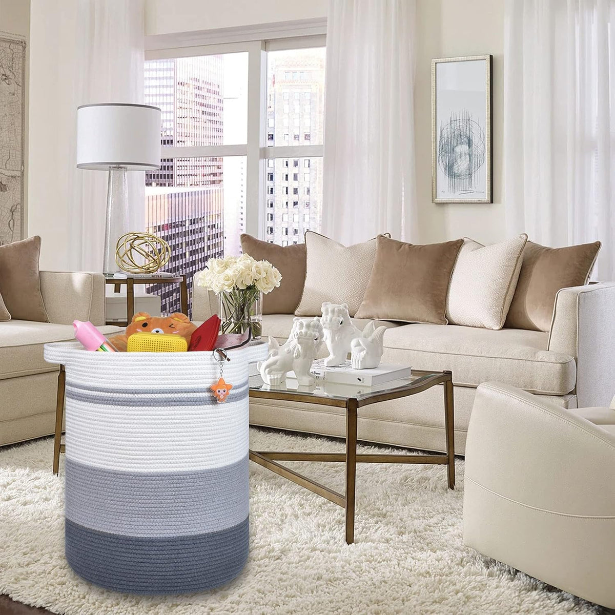 Tall Laundry Basket, Nursery Hamper, 72L, Navy Blue & White