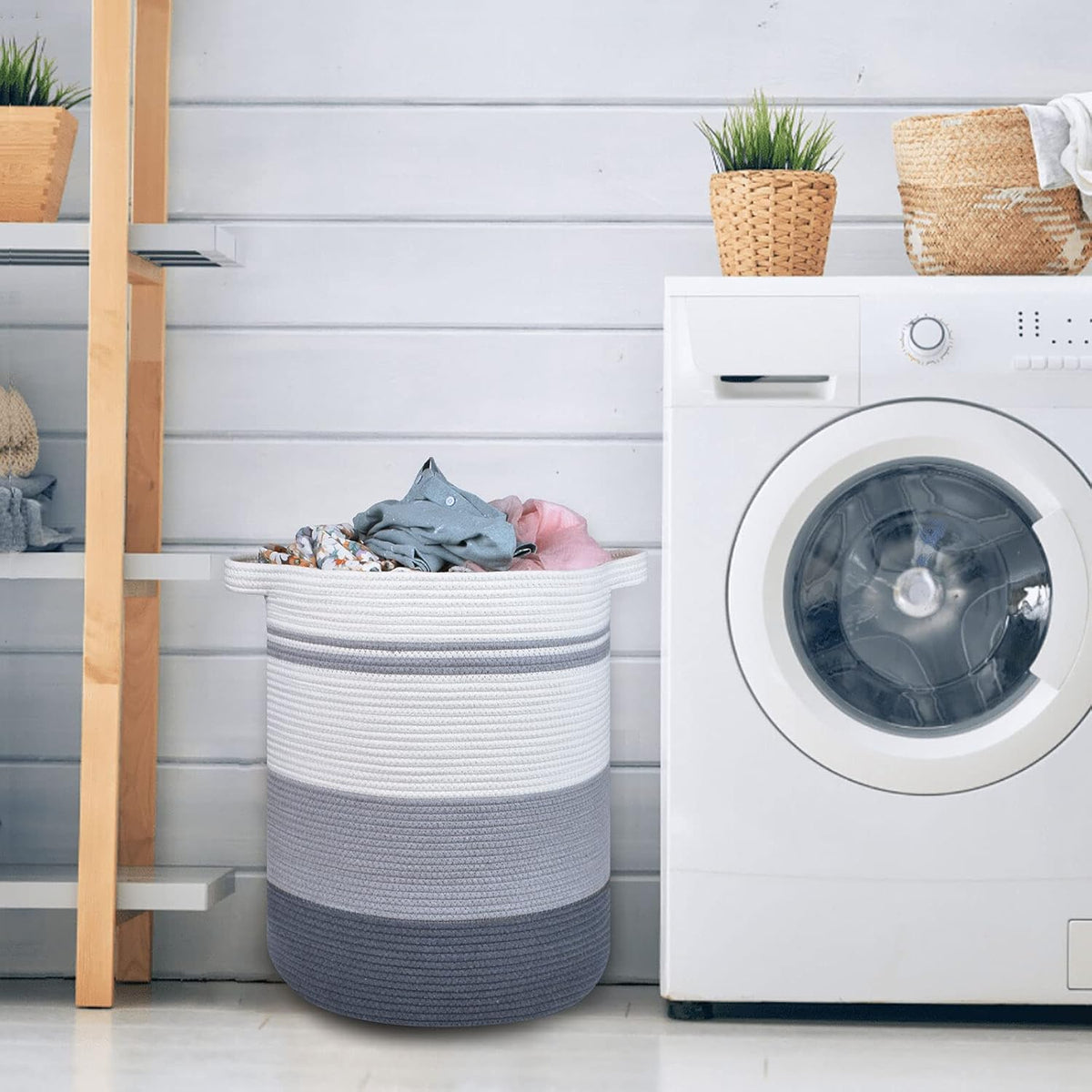 Tall Laundry Basket, Nursery Hamper, 72L, Navy Blue & White