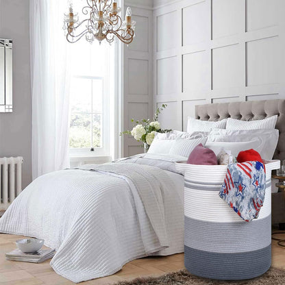 Tall Laundry Basket, Nursery Hamper, 72L, Navy Blue & White