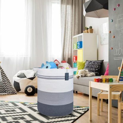 Tall Laundry Basket, Nursery Hamper, 72L, Navy Blue & White
