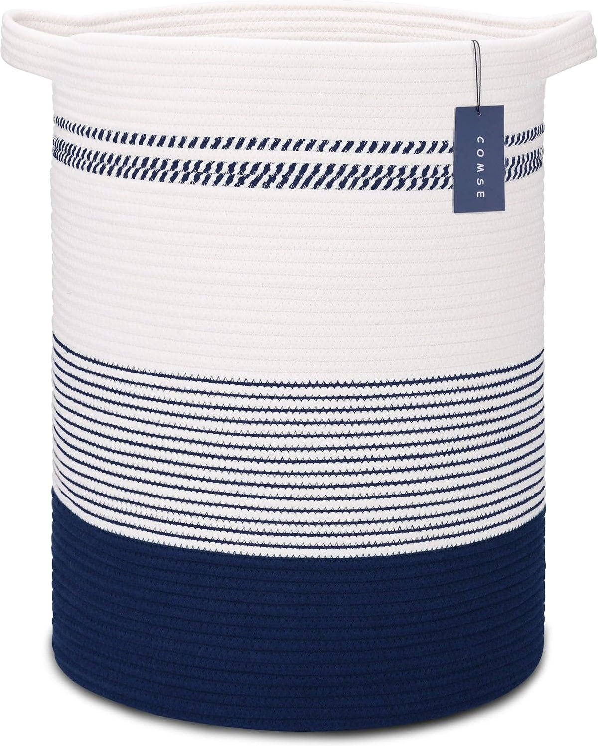Tall Laundry Basket, Nursery Hamper, 72L, Navy Blue & White