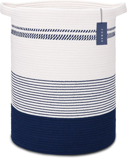 Tall Laundry Basket, Nursery Hamper, 72L, Navy Blue & White