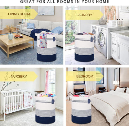 Tall Laundry Basket, Nursery Hamper, 72L, Navy Blue & White