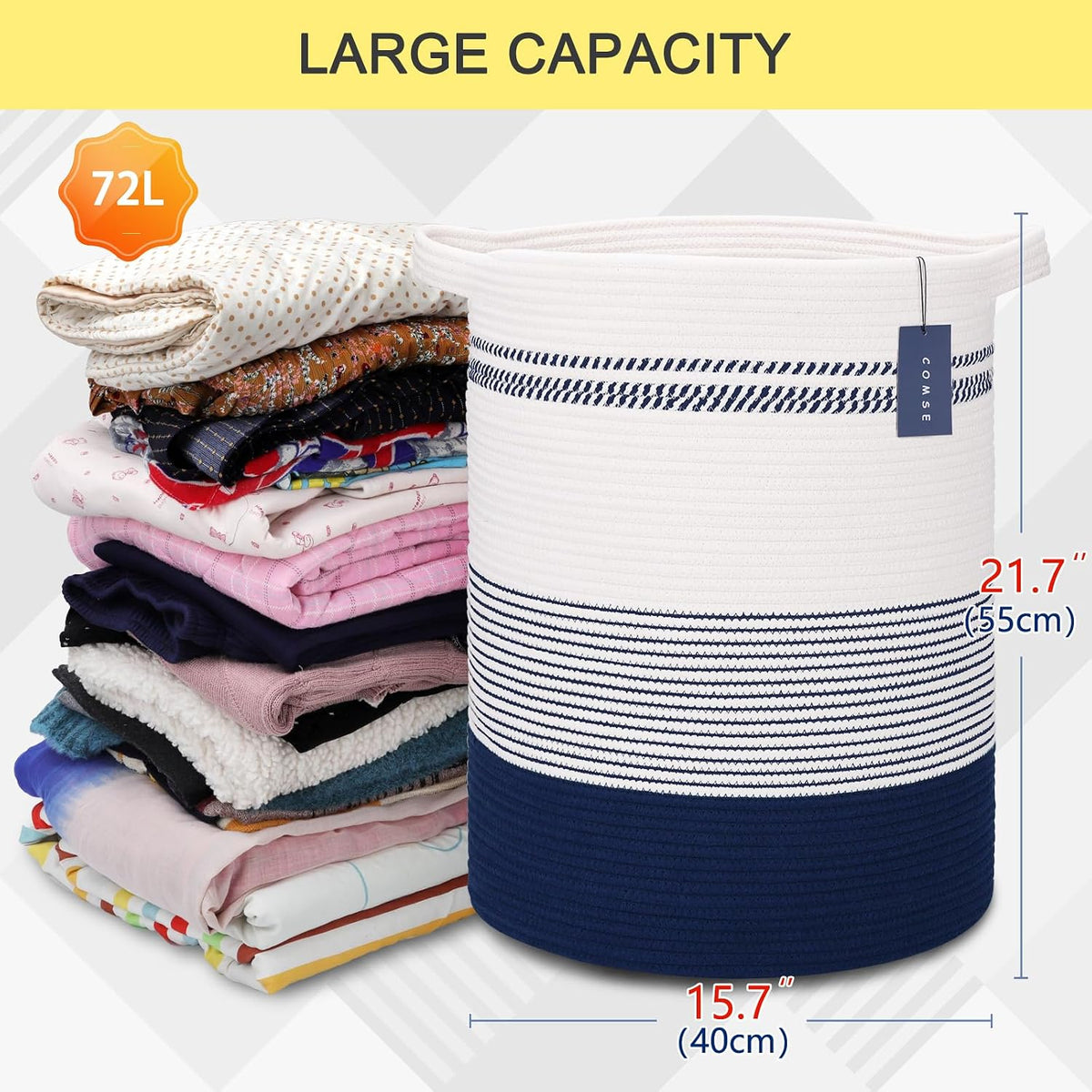 Tall Laundry Basket, Nursery Hamper, 72L, Navy Blue & White
