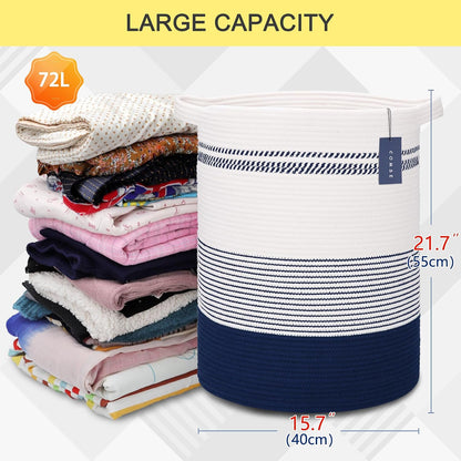 Tall Laundry Basket, Nursery Hamper, 72L, Navy Blue & White