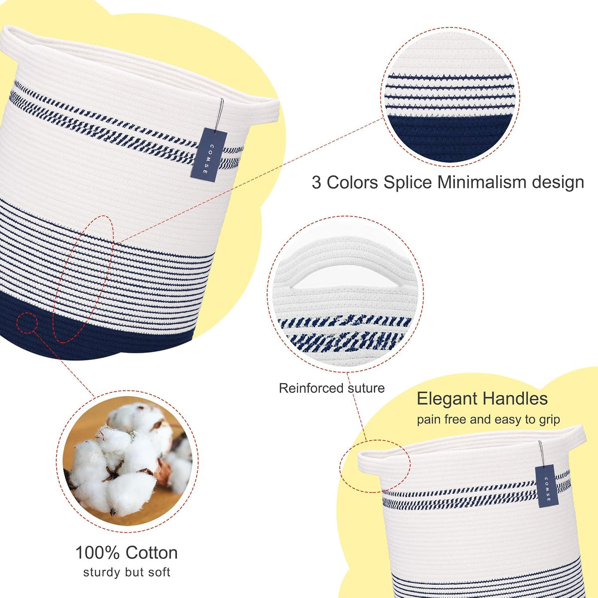 Tall Laundry Basket, Nursery Hamper, 72L, Navy Blue & White