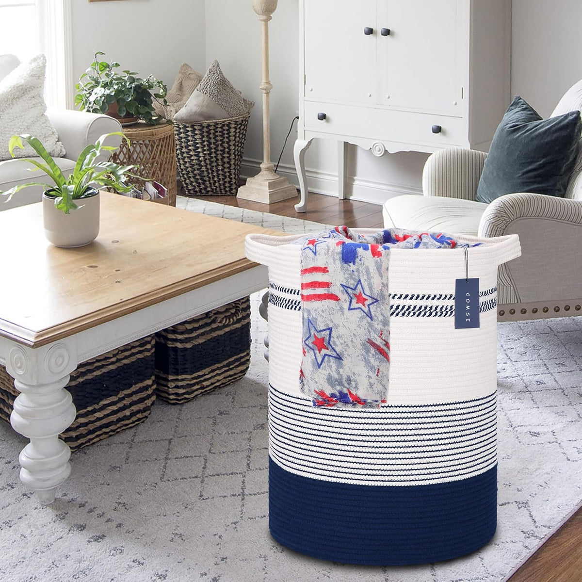 Tall Laundry Basket, Nursery Hamper, 72L, Navy Blue & White