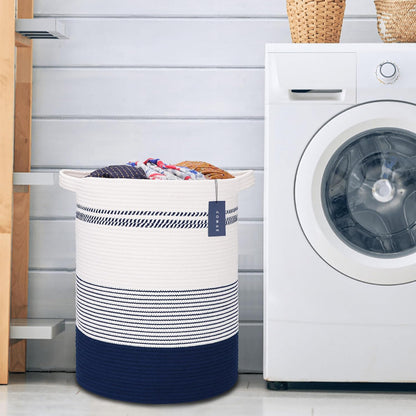 Tall Laundry Basket, Nursery Hamper, 72L, Navy Blue & White