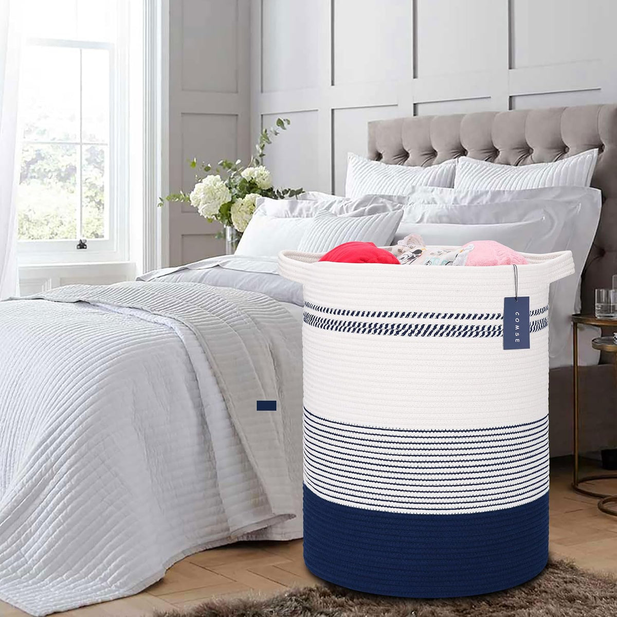 Tall Laundry Basket, Nursery Hamper, 72L, Navy Blue & White